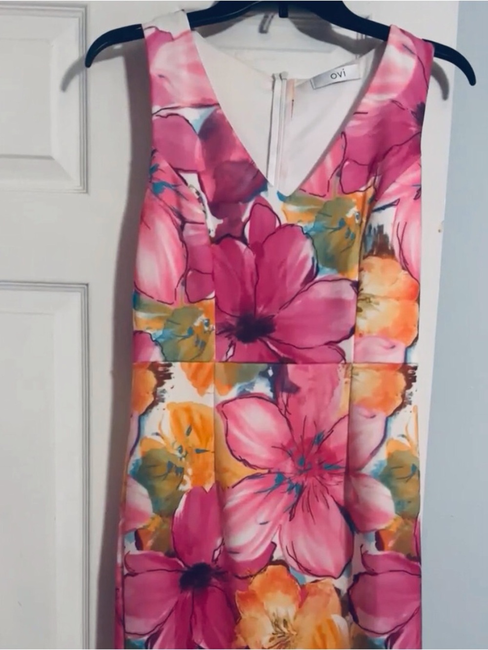 Ovi Fuchsia Pink Yellow Floral Print Sleeveless Sheath Lined Dress NWOT - Picture 3 of 16